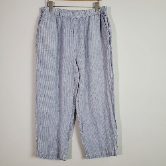 Quince Women's Pants Large Blue White Striped Linen Wide Leg Coastal Lagenlook - Picture 1 of 14